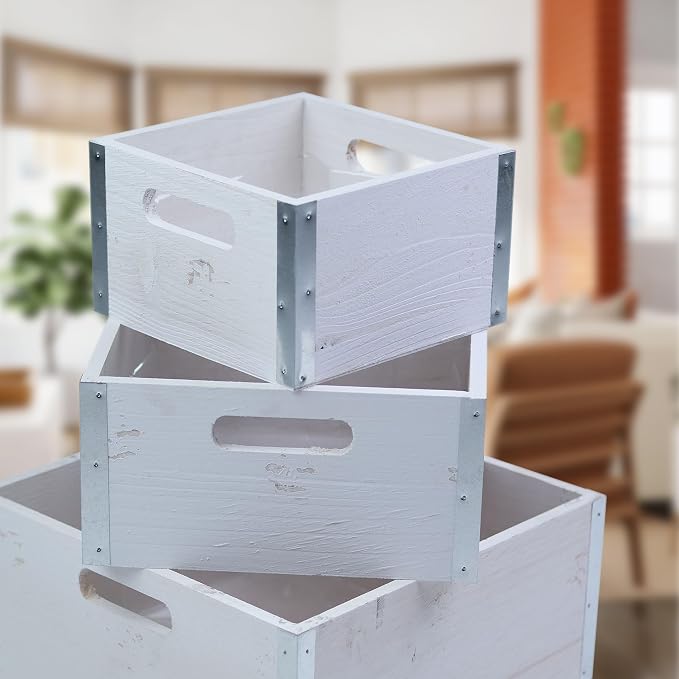 wald imports - Set of 3 Rustic Whitewash Wooden Crates - Image 3