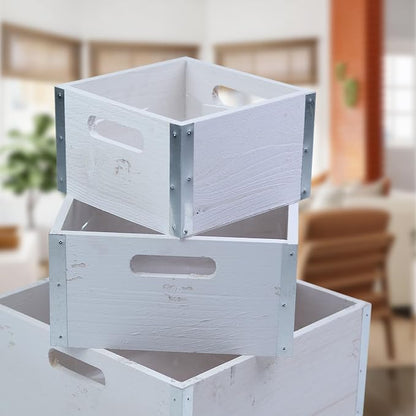 wald imports - Set of 3 Rustic Whitewash Wooden Crates - Image 3