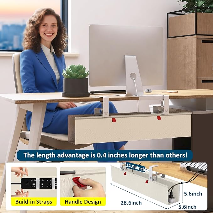 28" Small Under Desk Cable Management Tray No Drill, Compact Clamp On Cord - Image 7
