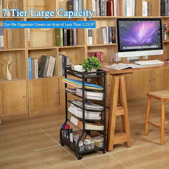 7 Tier Rolling File Cart with Sliding Trays, Wood Metal File Organizer Beside - Image 5