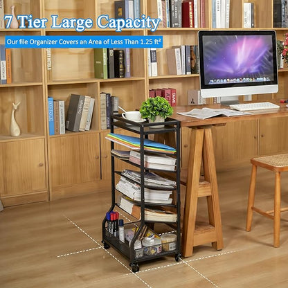 7 Tier Rolling File Cart with Sliding Trays, Wood Metal File Organizer Beside - Image 5