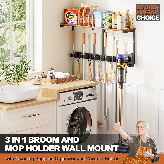 Broom Holder Wall Mount with Cleaning Supplies Organizer, Laundry Room - Image 2