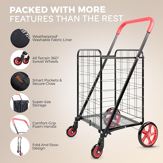 SereneLife Small Compact Folding Shopping Cart - Image 2
