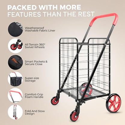 SereneLife Small Compact Folding Shopping Cart - Image 2