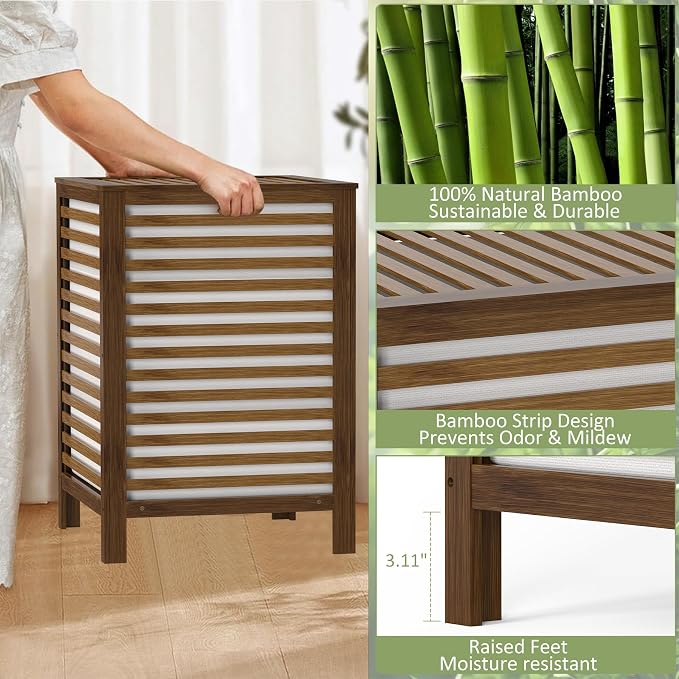 Bamboo Laundry Hamper with Lid, 120L Large Double Laundry Basket with Removable - Image 3