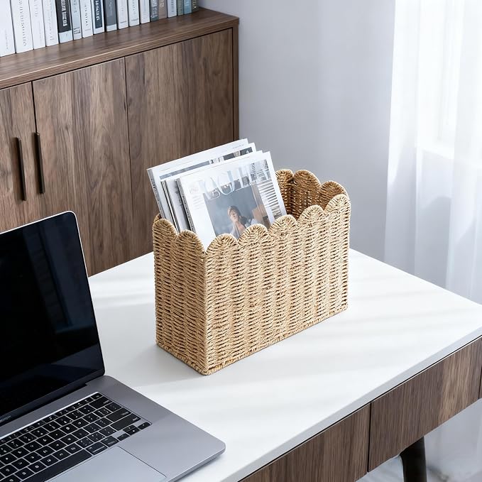 Paper Rope Magazine Holder, Tall Narrow Scalloped Basket | Handwoven Paper Rope - Image 6