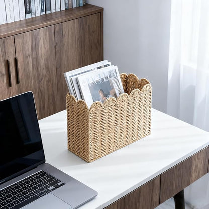 Paper Rope Magazine Holder, Tall Narrow Scalloped Basket | Handwoven Paper Rope - Image 6