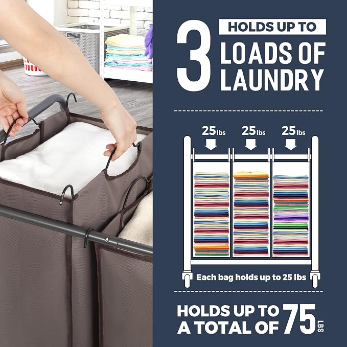 STO STO Laundry Sorter 3 Section, 3 Bag Laundry Hamper, Rolling Laundry Cart - Image 4