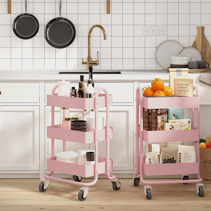 Metal Rolling Cart, 3-Tier Pink Rolling Cart - Image 2