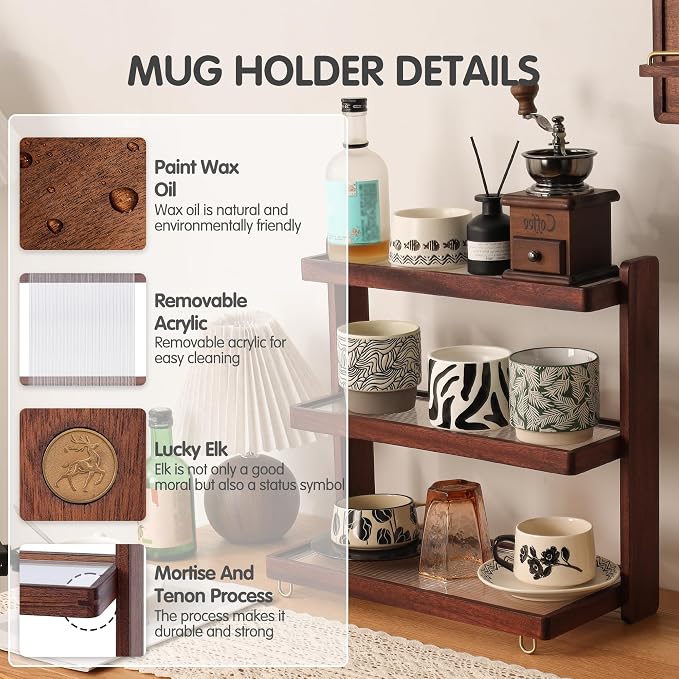 Coffee Mug Holder Wooden Cup Rack, 3-Tier Acrylic Home Coffee Mug Display Rack - Image 7