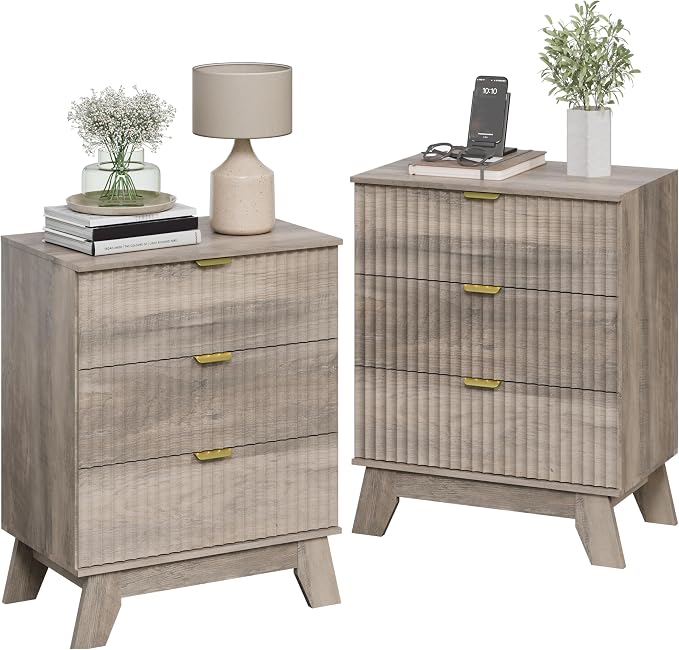 Night Stand Set 2, Bedside Table & End Table, Mid Century Modern Fluted Wood - Image 3