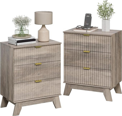 Night Stand Set 2, Bedside Table & End Table, Mid Century Modern Fluted Wood - Image 3