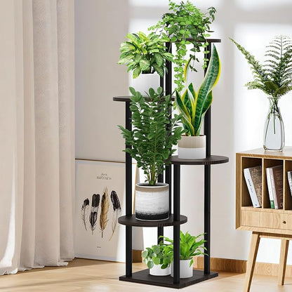 5 Tier Wood Tall Plant Stand Metal Rack Indoor, Round Planter Shelf Display - Image 5