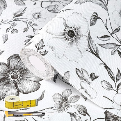 Drawer and Shelf Liner Black Flowers 23.6in x 20FT, Non Adhesive Anti-Slip by Adwann