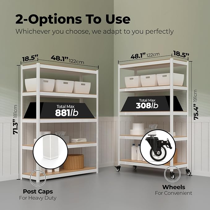 HOMEDANT House White 5-Tier Metal Boltless Rolling Cart Shelf Rack Casters - Image 2