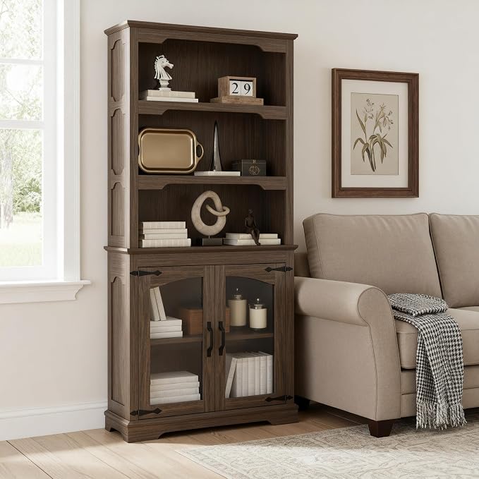 70 Inch Farmhouse Bookcase, Walnut Two-Tone Shelves, 5 Tier Bookshelf - Image 5