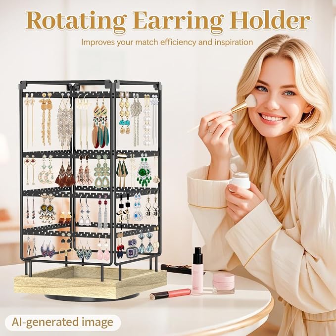 MODOWEY 4 Tier Rotating Earring Holder Organizer Metal Wooden Display Stand | - Image 3
