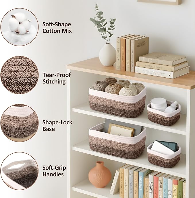 5-Pack Small Woven Rope Storage Baskets, 2 Sizes Organizer Bins | Fabric Cube - Image 3