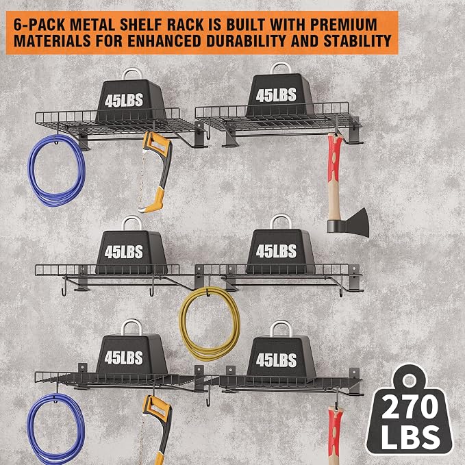 6 Pack Foldable Wall Shelf, Wall Mounted Garage Storage Shelves, Heavy Duty - Image 3