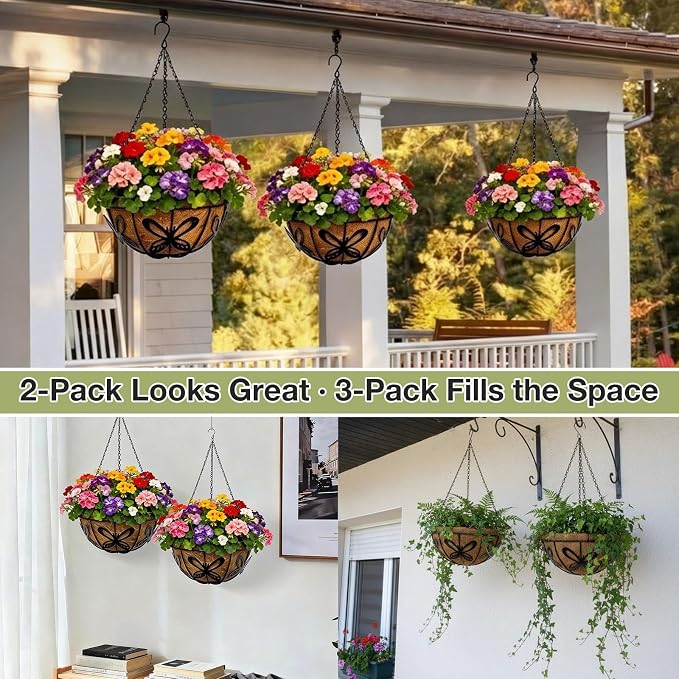 12 Inch Hanging Baskets for Plants Outdoor, 3 Pack Metal Wire Hanging Planters - Image 3