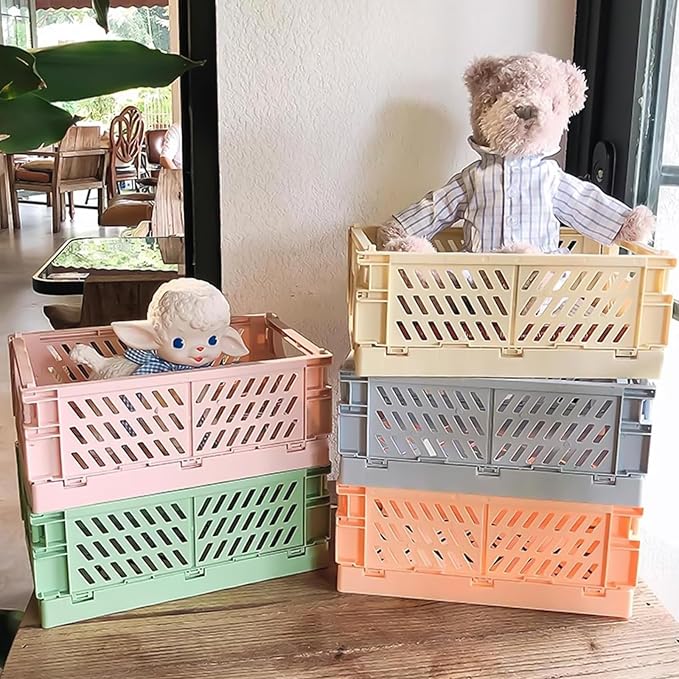 Small Pastel Plastic Storage Bins 2Pcs Foldable Pastel Crates Plastic Basket - Image 6
