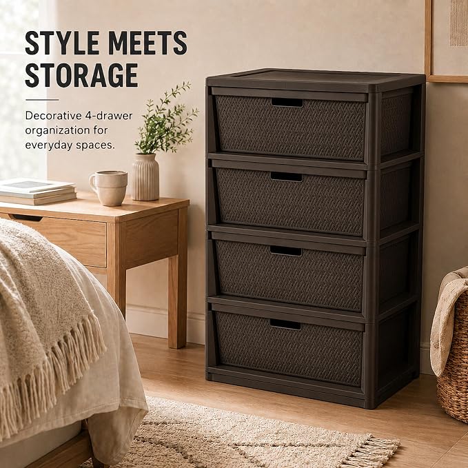 Wide 4-Drawer Plastic Storage Tower, Decorative Organizer Chest, BPA-free - Image 8