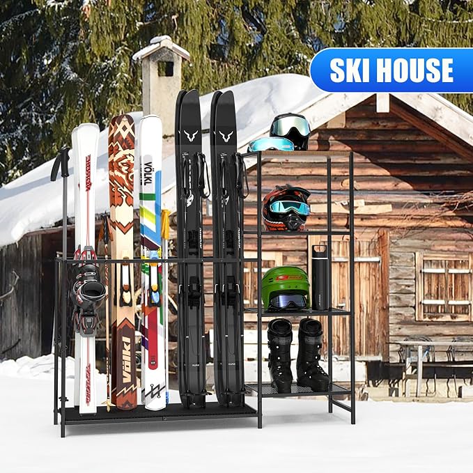 Freestanding Ski Rack, Ski Storage Rack w/Width-Adjustable Bars, Ski & - Image 6