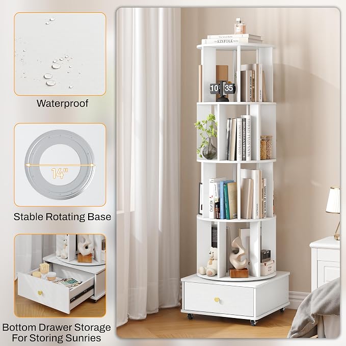 4 Tier Wood Rotating Bookshelf, 360° Spinning Bookshelf Tower - Image 4