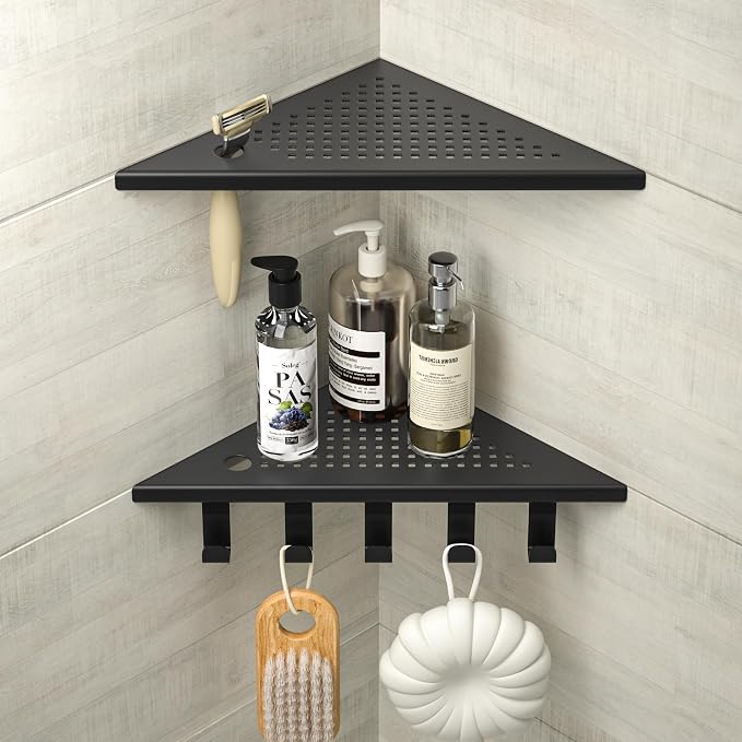Grout in Shower Shelves with Hooks, 304 Stainless Steel Corner Bathroom Shelf by Bernkot