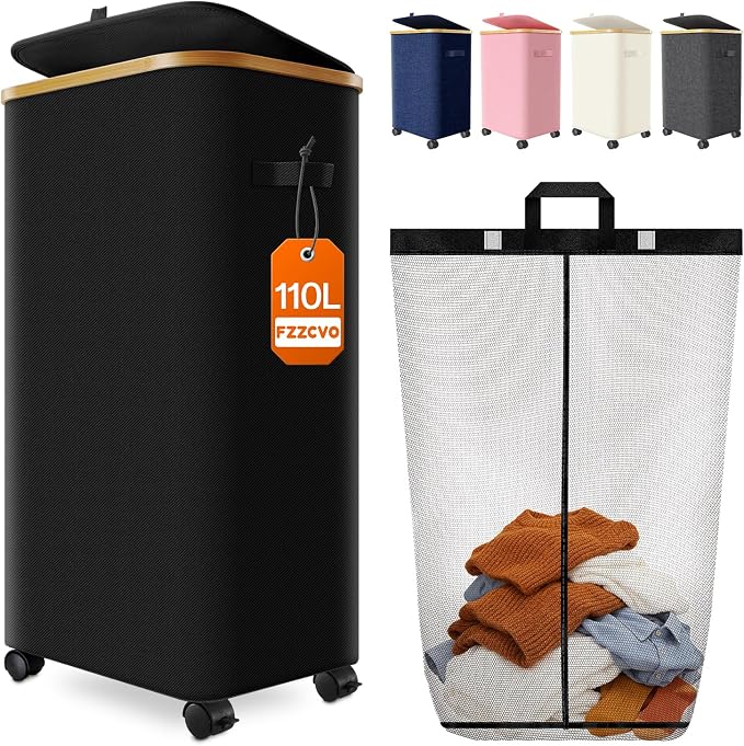 Laundry Hamper with Wheels, 110L Large Clothes Hamper with Removable Inner Bag by Fzzcvo