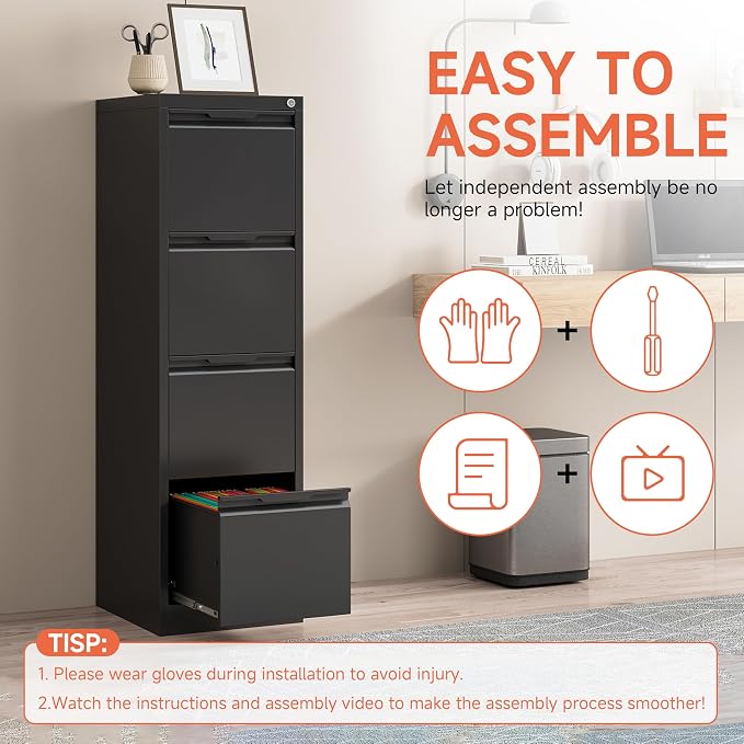4 Drawer File Cabinet with Lock, 17.8" Deep Vertical Metal Filing Cabinet - Image 5