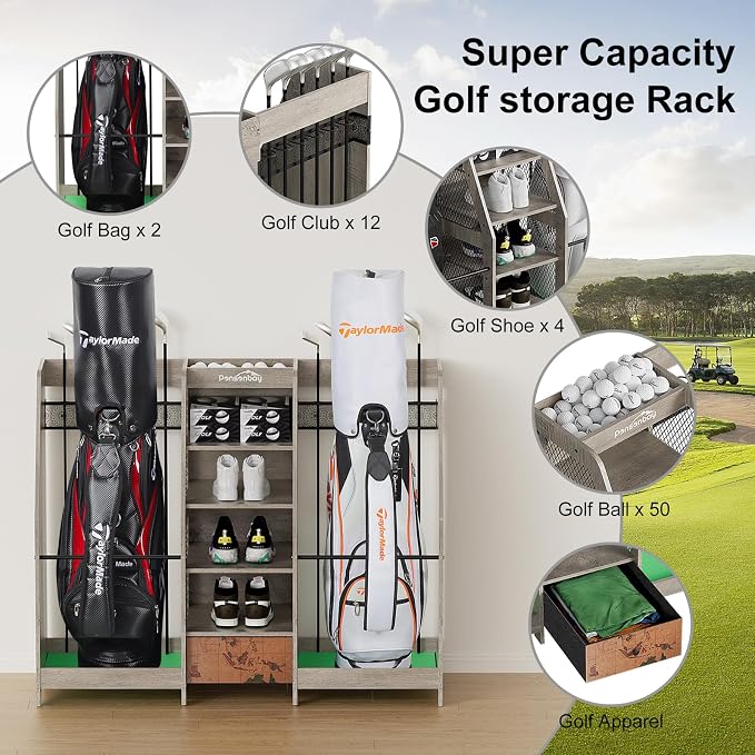 Golf Bag Storage Organizer for Garage, Premium Wooden 2 Golf Bags Rack - Image 2