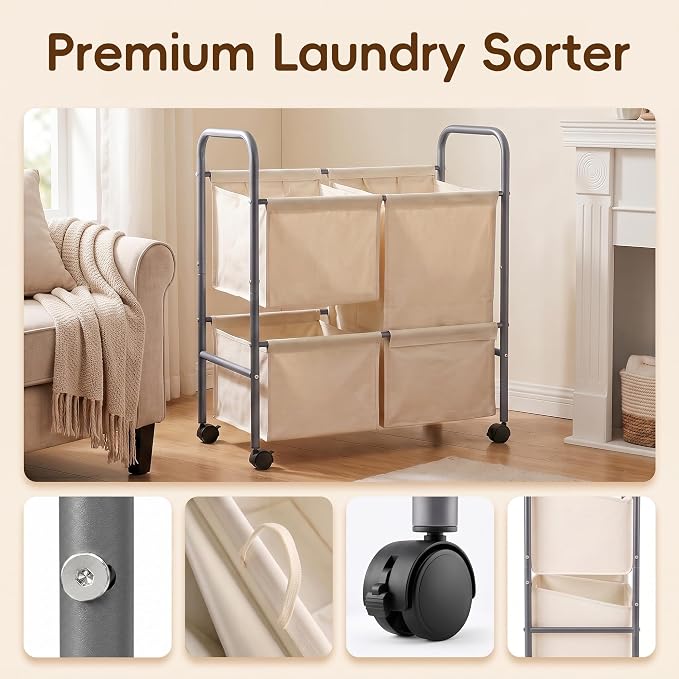 130L Laundry Hamper with Wheels, 3 Section Laundry Sorter Cart with Removable - Image 4