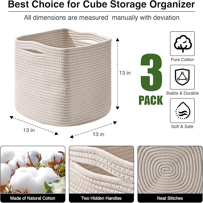 ICERZCZ 13 Inch Cube Closet Storage Bins, Woven Cotton Rope Organizer Baskets - Image 2