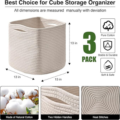 ICERZCZ 13 Inch Cube Closet Storage Bins, Woven Cotton Rope Organizer Baskets - Image 2