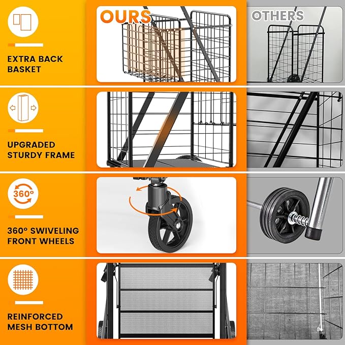 455lbs Shopping Cart for Groceries, Large Heavy Duty Grocery Cart on Wheels | - Image 3
