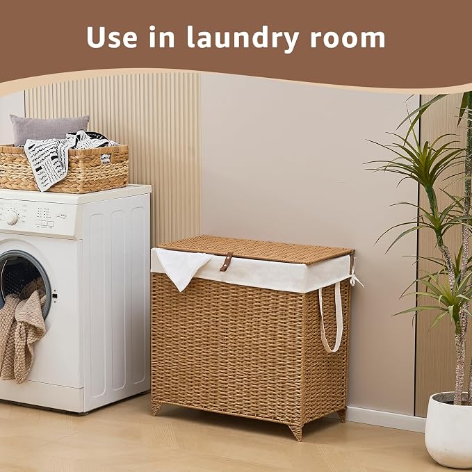 Laundry Hamper with Lid and Removable Liner Bag, Handwoven Rattan Clothes - Image 6