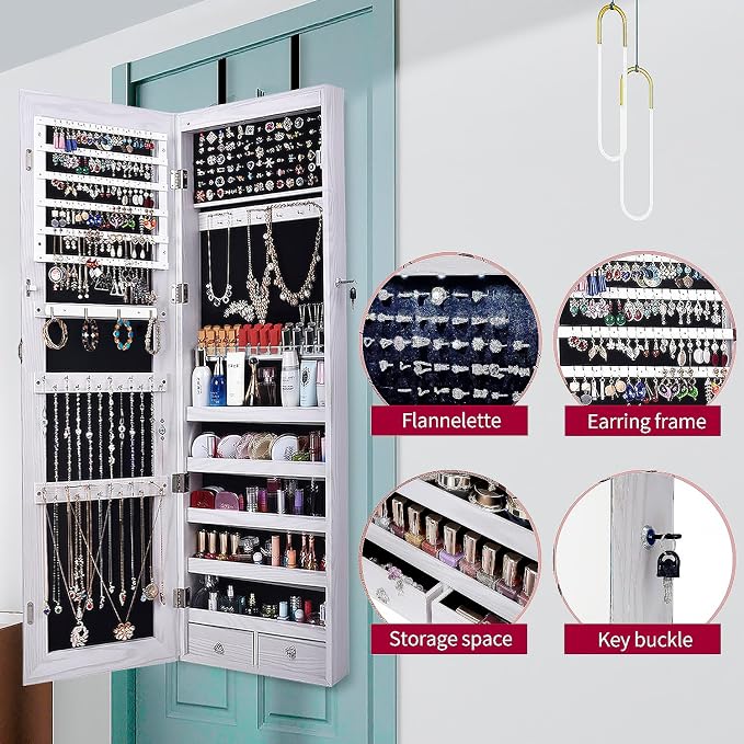 47" H Jewelry Armoire Full Length Mirror Cabinet Storage Organizer w/LED Light - Image 2