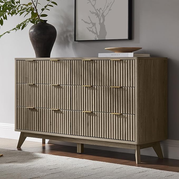 T4TREAM Fluted 6 Drawers Dresser, Curved Profile Design, Dresser TV Stand by T4TREAMFurniture
