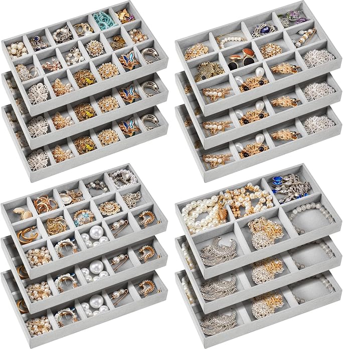 Junkin 12 Pcs Jewelry Tray Velvet Stackable Jewelry Organizer Trays Divided by Junkin