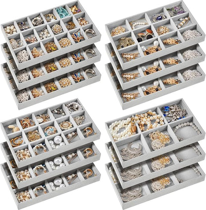 Junkin 12 Pcs Jewelry Tray Velvet Stackable Jewelry Organizer Trays Divided by Junkin