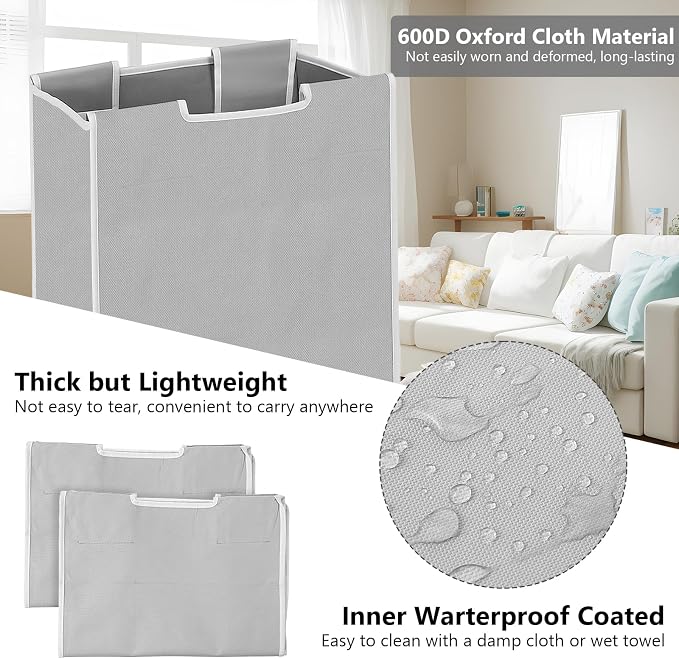 3 Pack Large Laundry Sorter Replacement Bags, Light Gray, 600D Oxford Cloth - Image 3