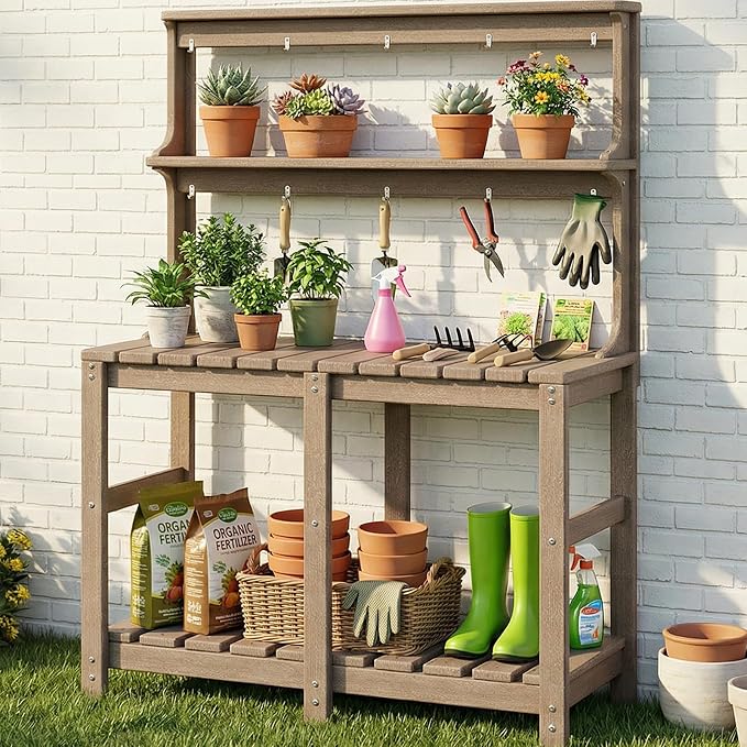Outdoor Potting Bench with 3 Tier, All-Weather Patio Potting Table with Tool by Polyhouz