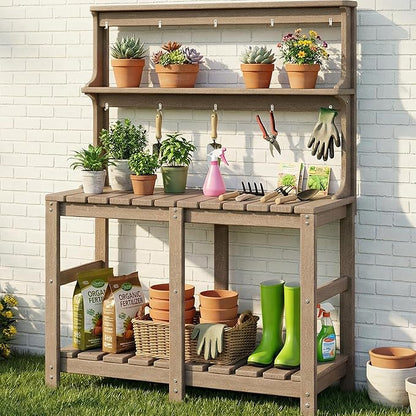 Outdoor Potting Bench with 3 Tier, All-Weather Patio Potting Table with Tool by Polyhouz