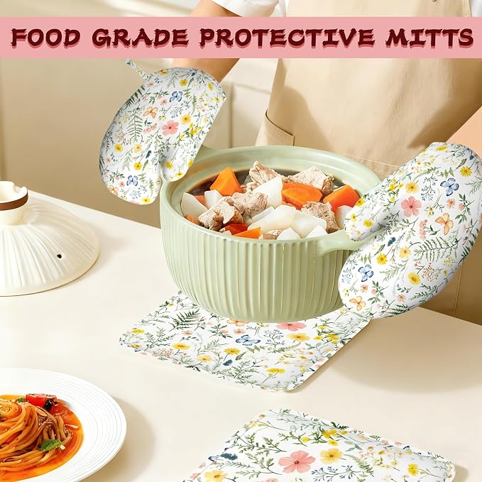 Wildflowers Oven Mitts and Pot Holders, Vintage Plants Herb Flower Butterfly - Image 7