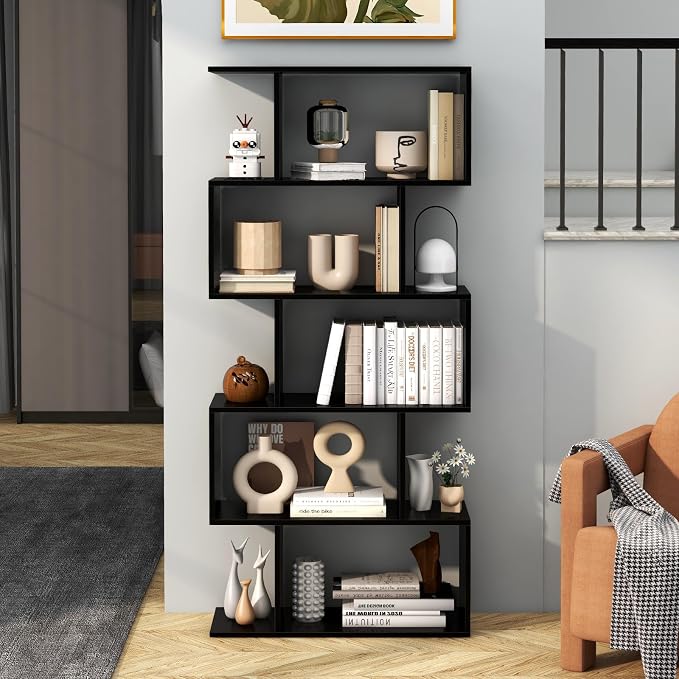 5-Tier Geometric Bookcase, 62.5” Freestanding Room Divider Bookshelf - Image 2