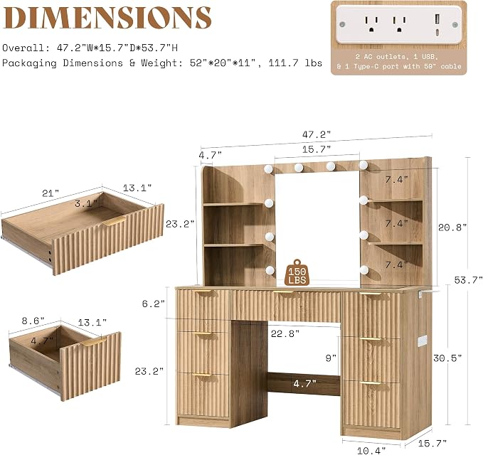 AMERLIFE 47.2" Fluted Vanity Desk - Image 4