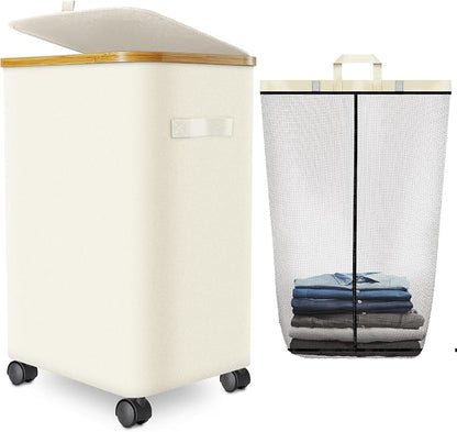 Laundry Hamper with Wheels, 20 Gal Laundry Basket with lid Rolling Clothes by Wuevu