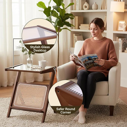 Tiita 2 Pack Rattan Side Table, Mid Century Nightstand, Bamboo Accent Bedside - Image 4