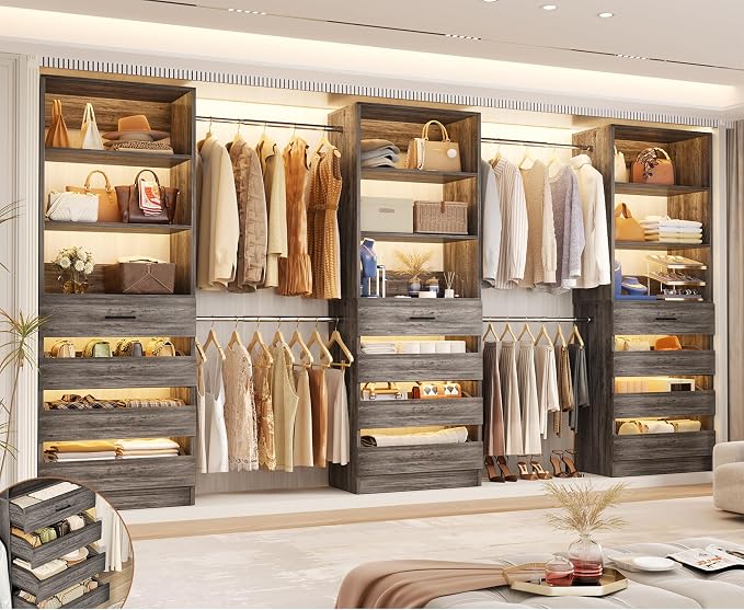 Aheaplus Closet System with 12 Drawers, 8.5-11.5Ft Wood Closet Organizer System by Aheaplus